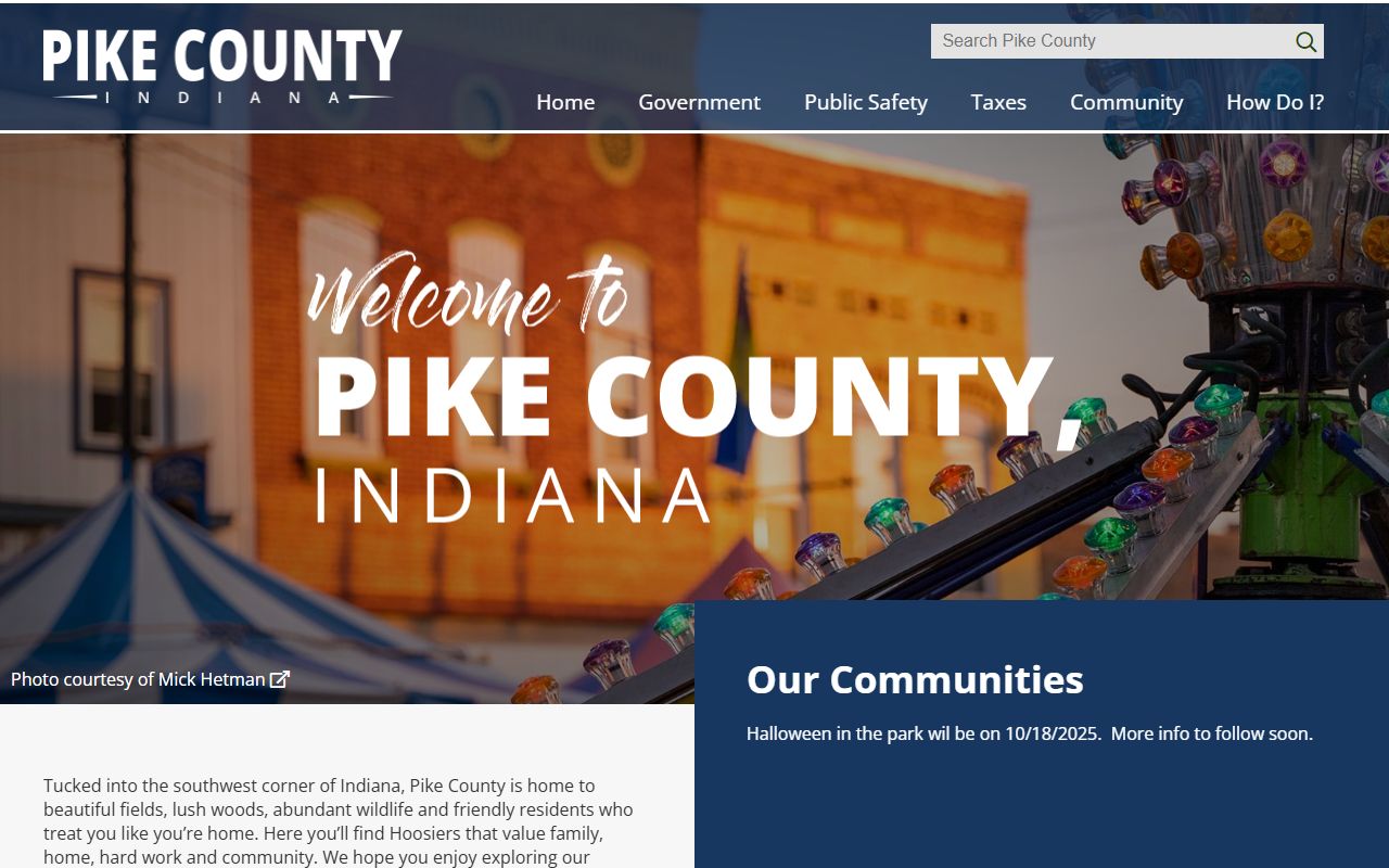 Pike County Indiana government homepage showing court and clerk resources