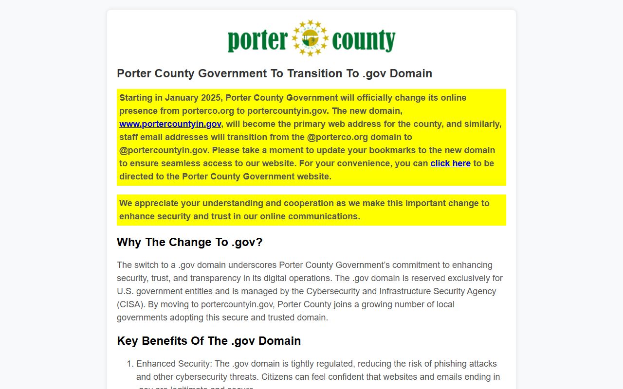 Porter County Indiana government homepage with court and clerk information