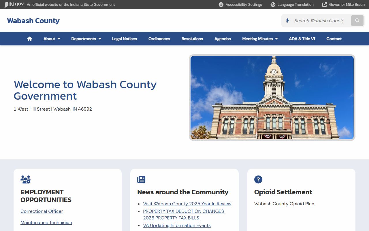 Wabash County Indiana government homepage with links to court and clerk services
