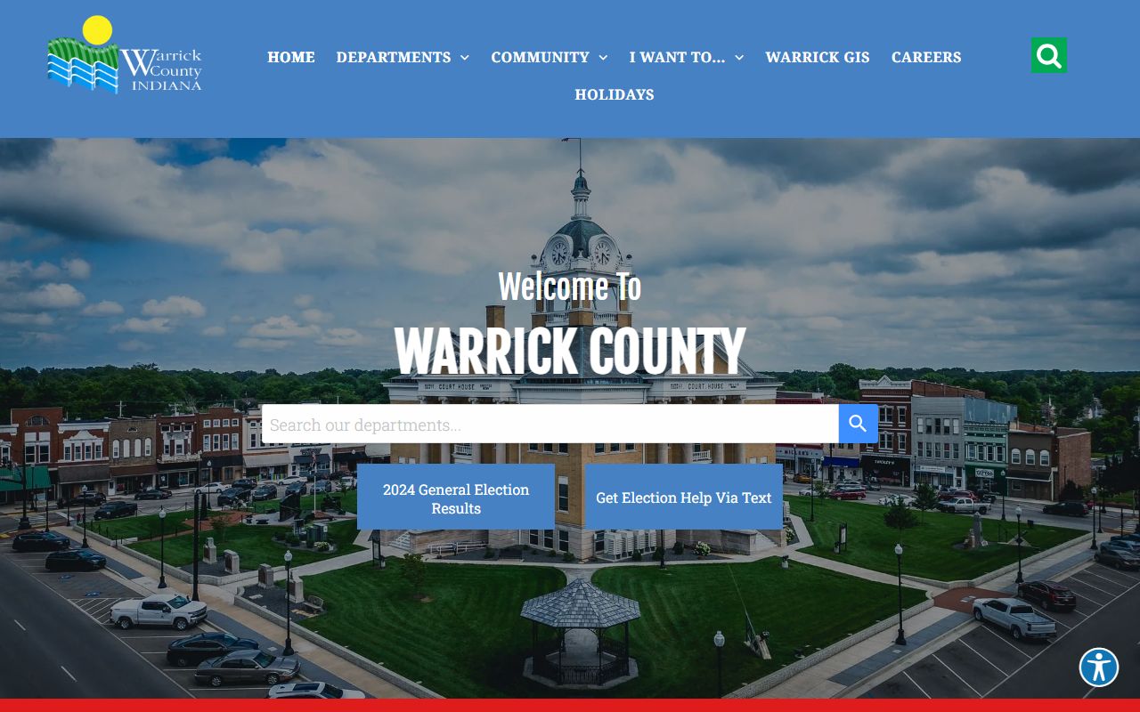 Warrick County Indiana government homepage showing county offices and court links