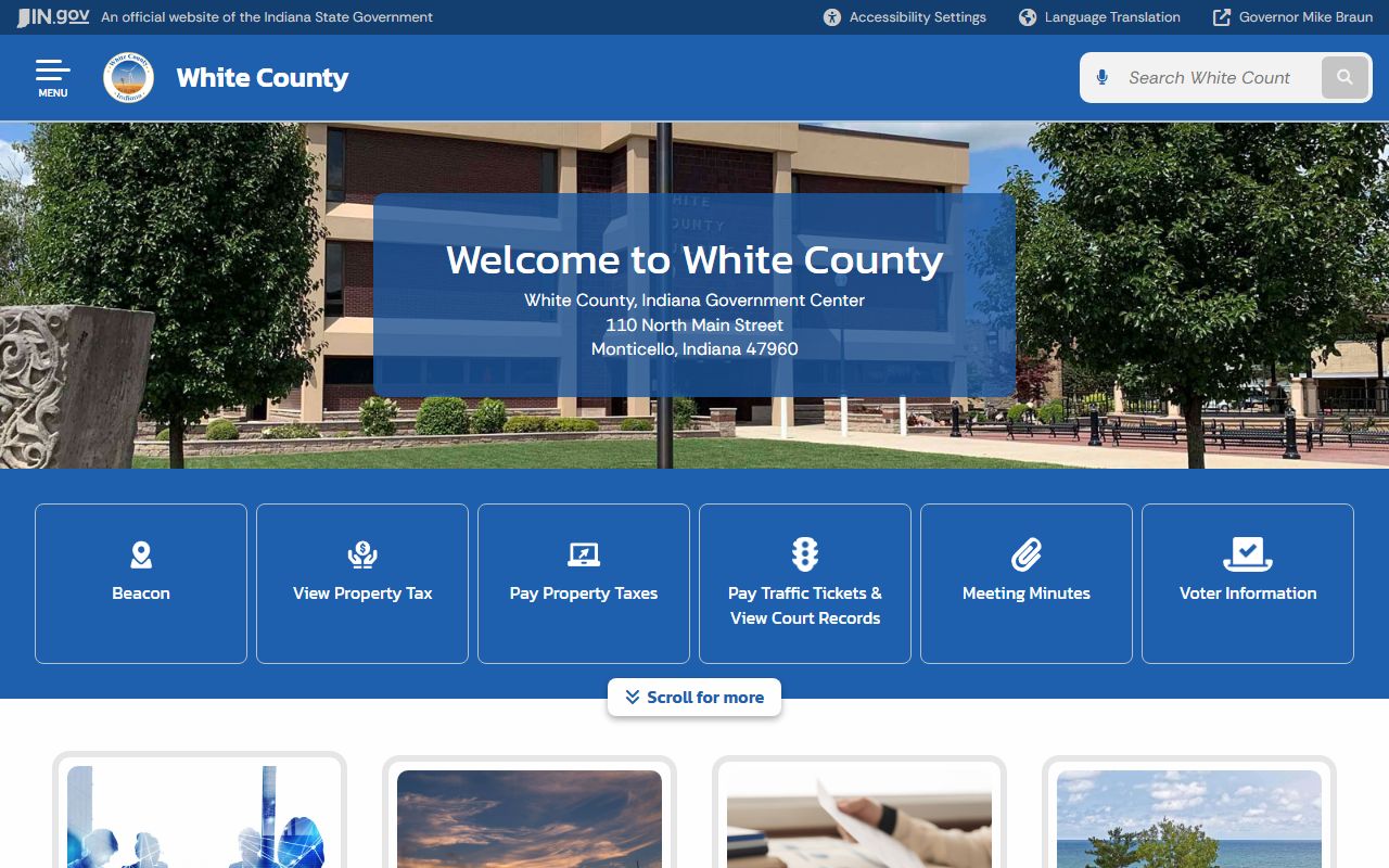 White County Indiana government homepage showing county department links